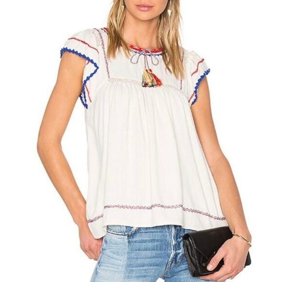 Ulla Johnson Katya Natural Crochet Embroidered Red Blue Ivory Silk Knit Blouse 2 - Picture 2 of 15